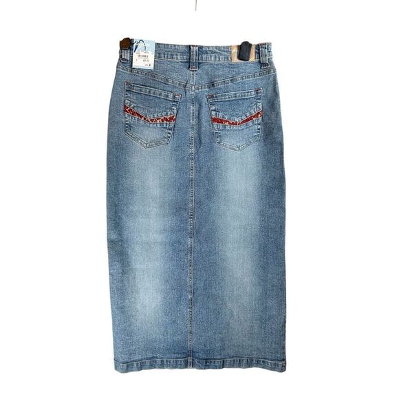 Vintage Y2K Denim Midi Skirt Blue Wash Split Hem Stretch Jeans Western Style - Picture 2 of 11